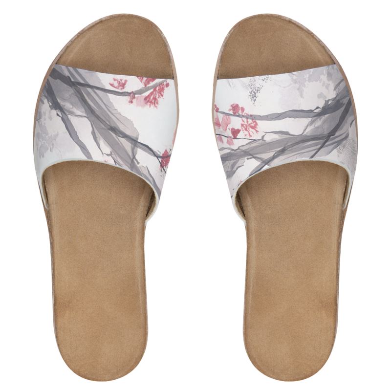 Cherry Blossom Art Womens Leather Sliders