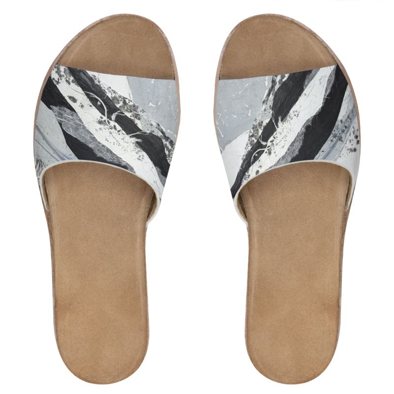 Silver&Black Abstract Art Womens Leather Sliders