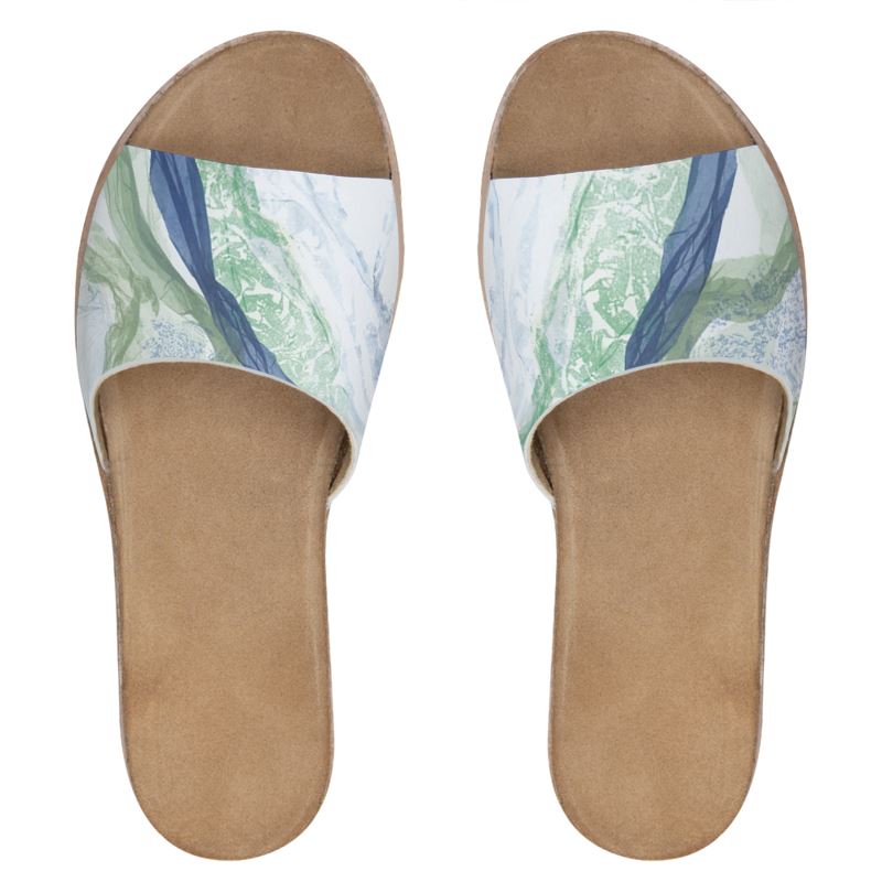Beach Glass Art Womens Leather Sliders