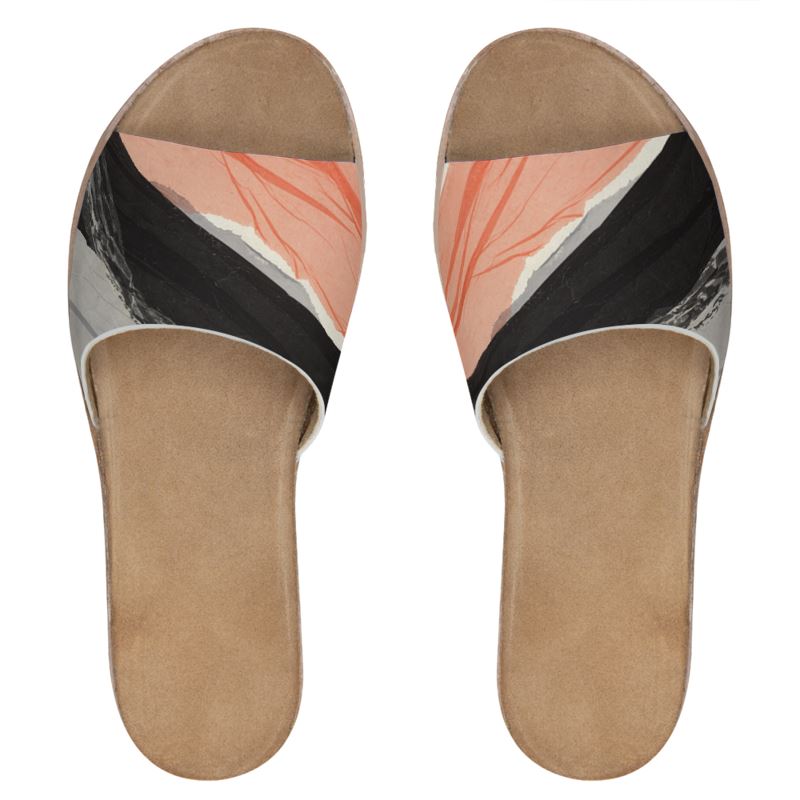 Peach&Black Womens Leather Sliders