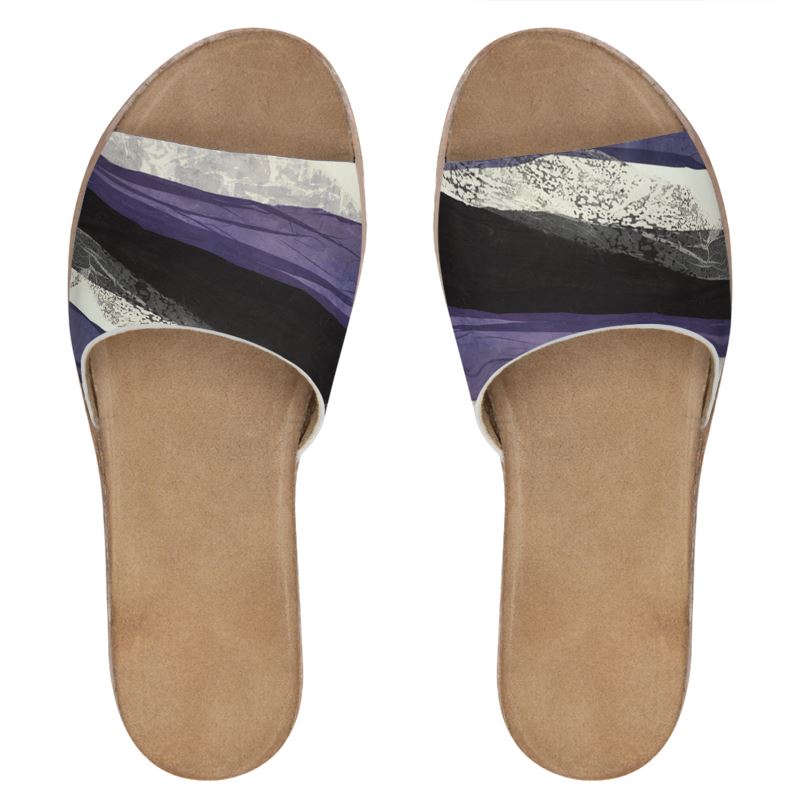 Blue&Black Abstract Art Womens Leather Sliders