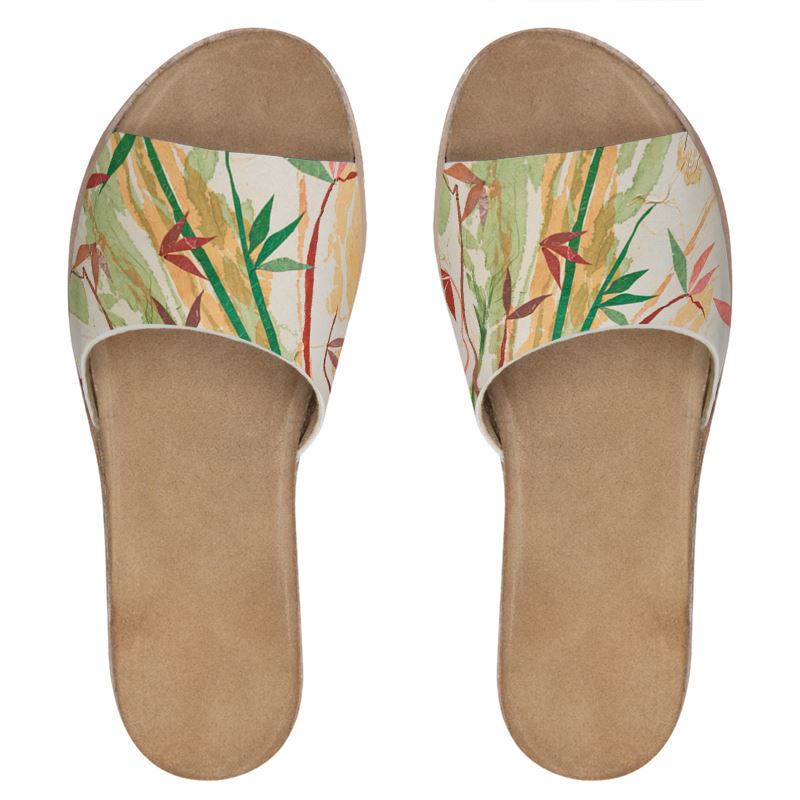 Brown Bamboo Art Womens Leather Sliders