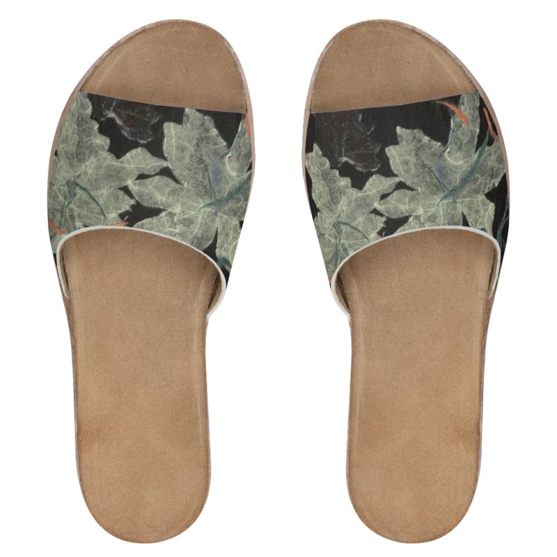 Matted Black Oriental Lily Art Womens Leather Sliders