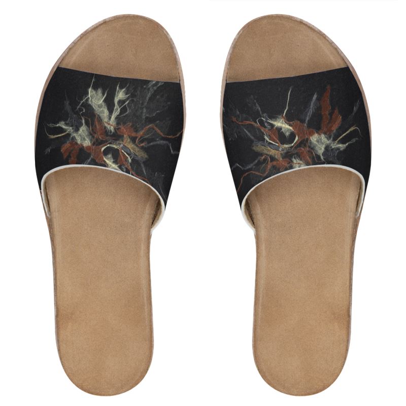 Matted Black Washi Art Womens Leather Sliders