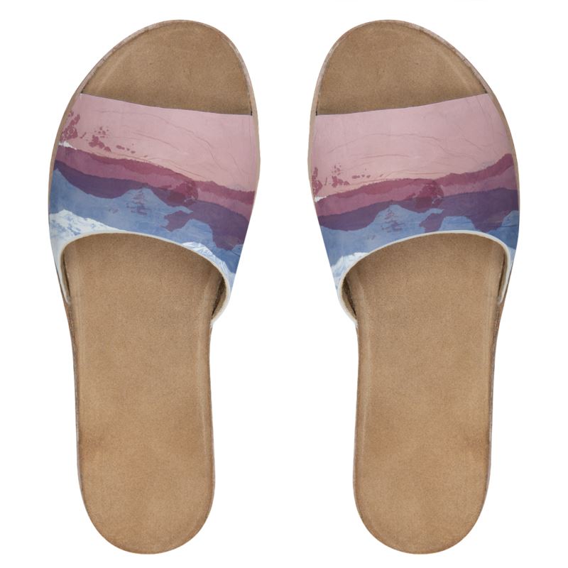Pink Mountain Art Womens Leather Sliders